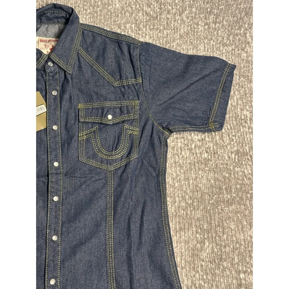 True Religion Shirt Mens M Blue Western Denim Pearl Snap 3 Needle .Made in USA